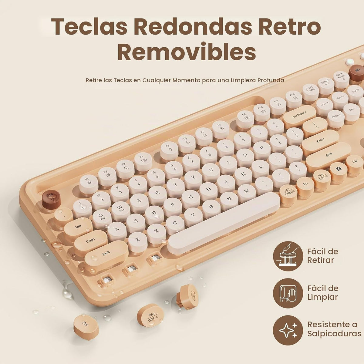 Combo de teclado y mouse inalámbricos, teclas redondas retro, tecla...