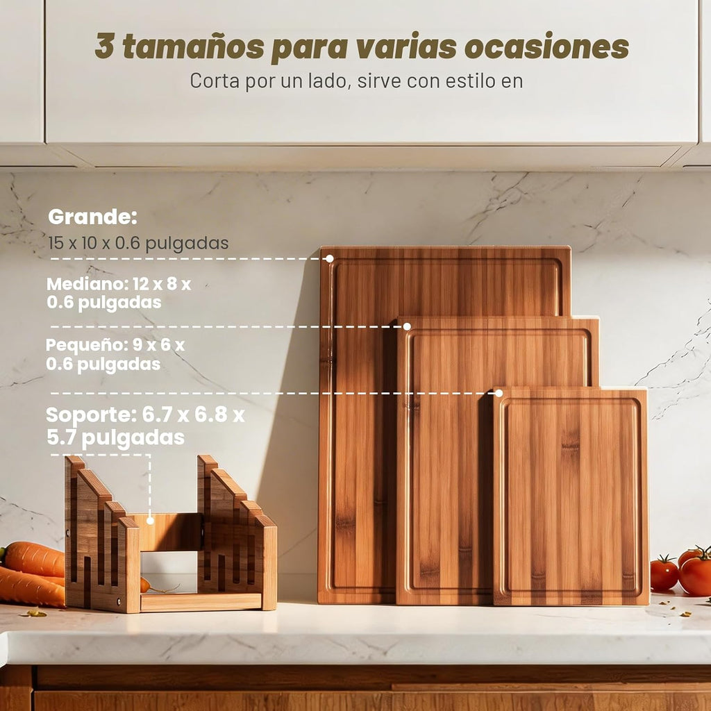 Juego de tablas de cortar de bambú con soporte, 3 tablas de cortar...