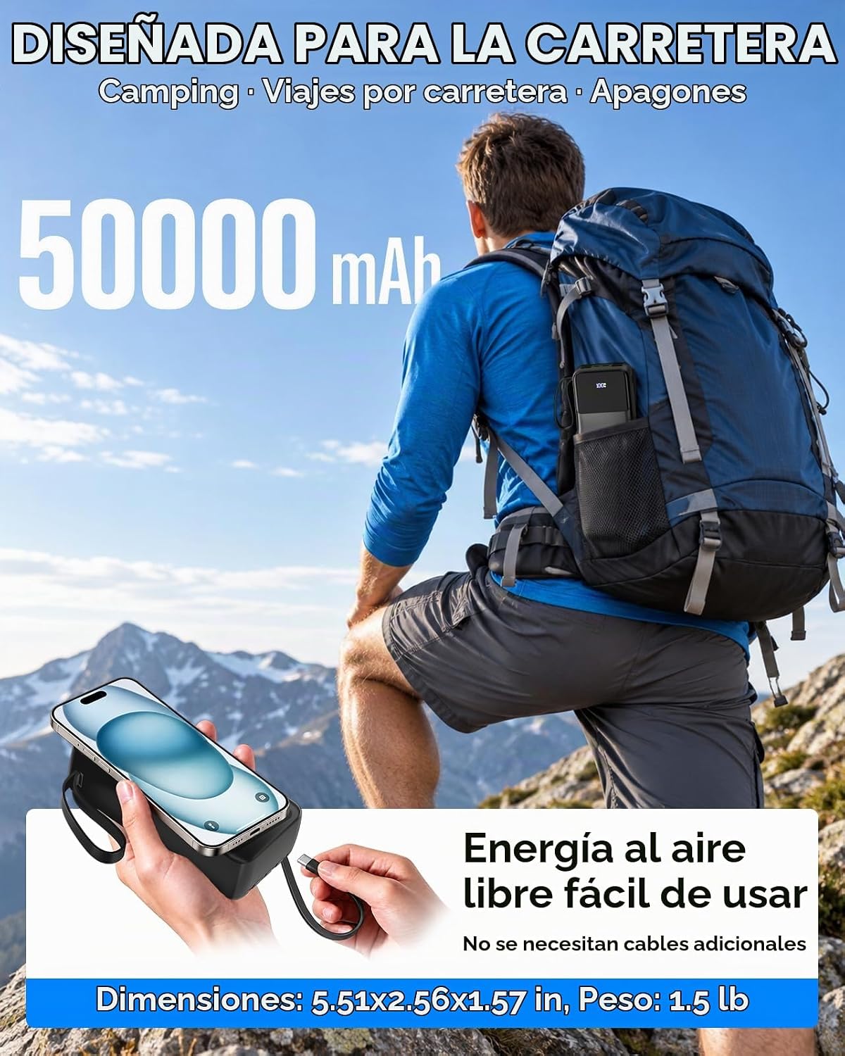 Cargador Portátil Power Bank 50000mAh - 7 Salidas y 3 Entradas USB-...