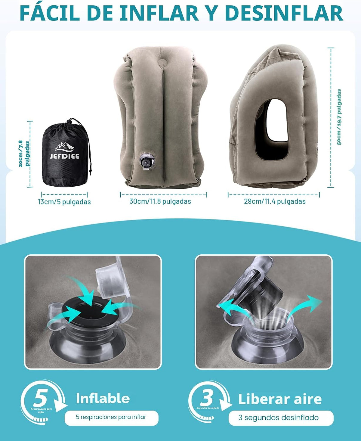 JefDiee Almohada inflable de viaje, almohada de cuello de avión que...