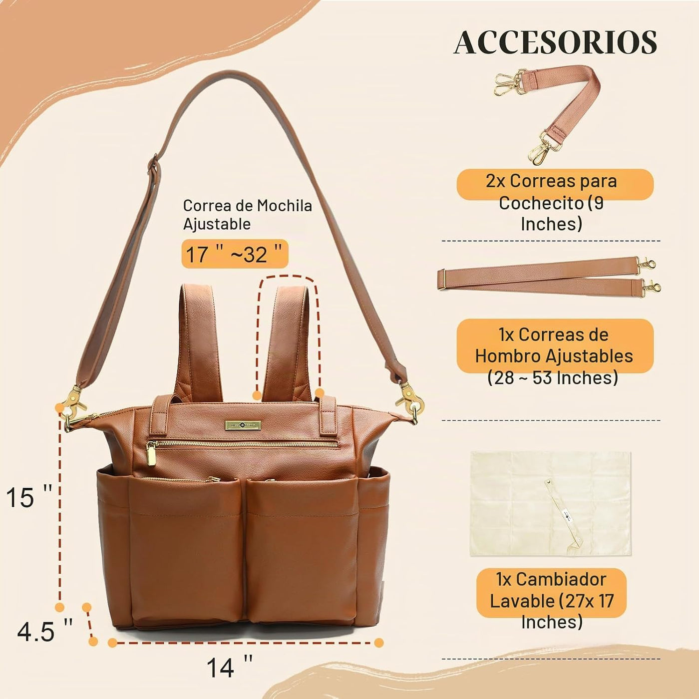 Miss Fong Bolso de cuero para pañales con almohadilla para cambiar,...