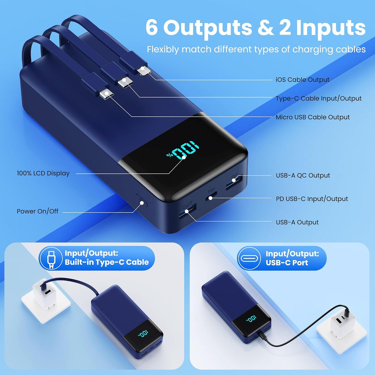 Cargador portátil de 50800 mAh con 3 cables integrados, 25 W PD QC4...