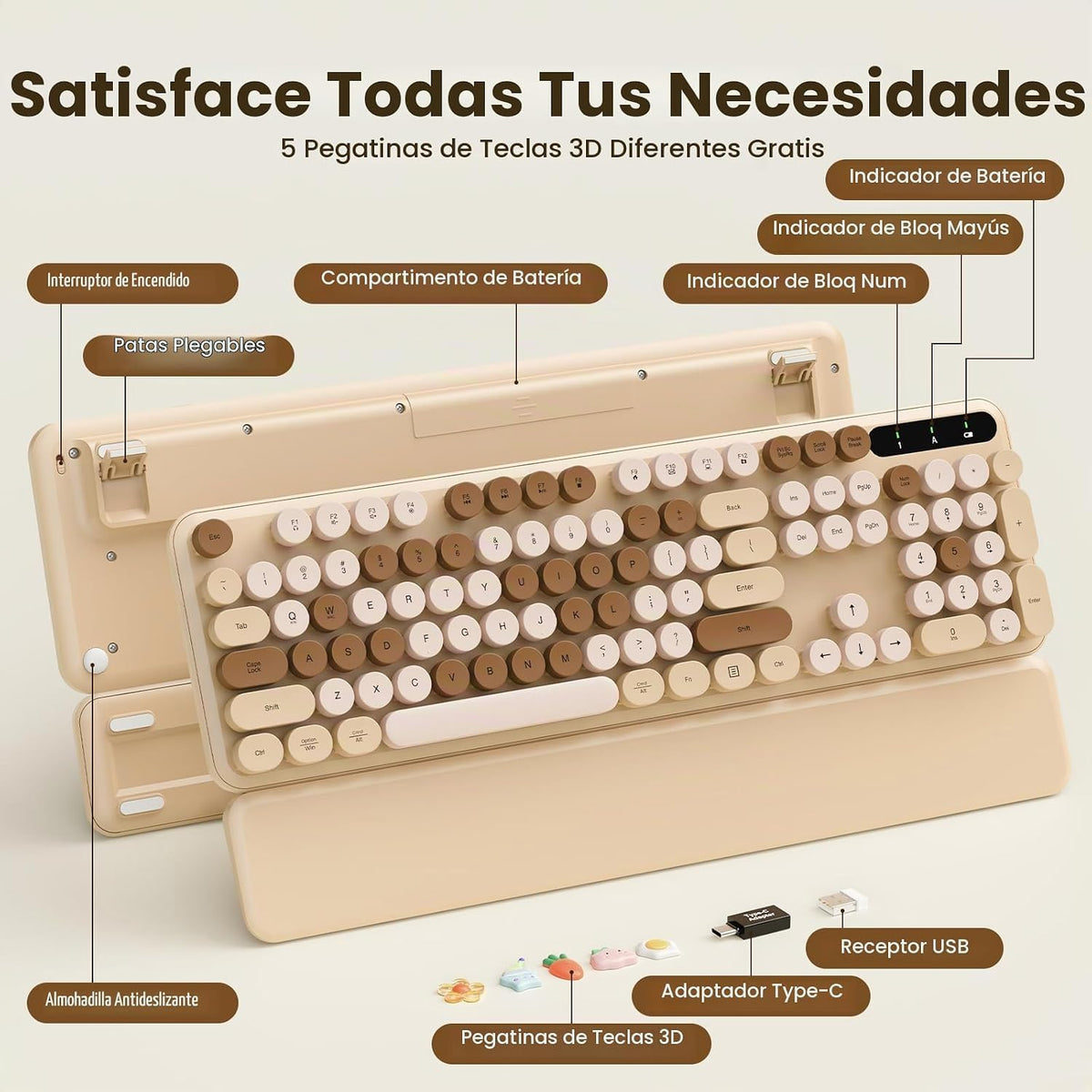 Teclado inalámbrico, teclas redondas, teclado de máquina de escribi...