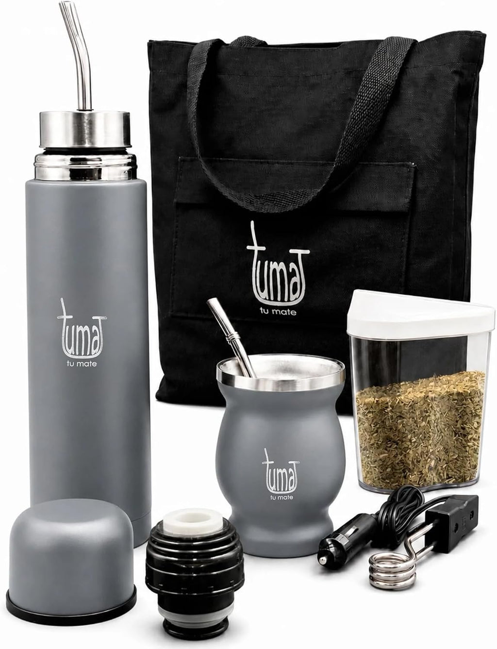 TUMA TU MATE Kit completo de yerba mate, botella térmica AutoMate de doble tapa, taza mate y bombilla, 25.4 fl oz de acero inoxidable de doble pared, bolsa de lona, contenedor Yerbero y calentador