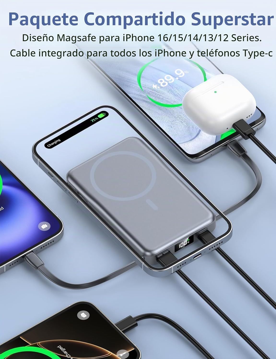 Cargador portátil magnético 10000mAh, banco de energía 20W con cabl...