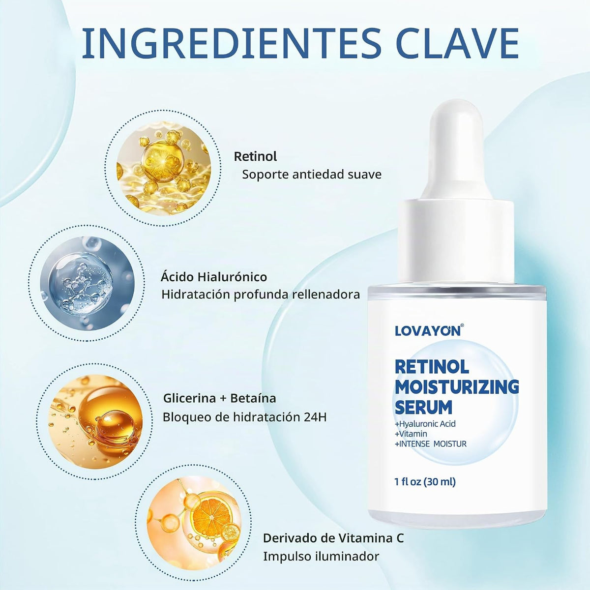 LOVAYON Suero de retinol para rostro con ácido hialurónico y vitami...