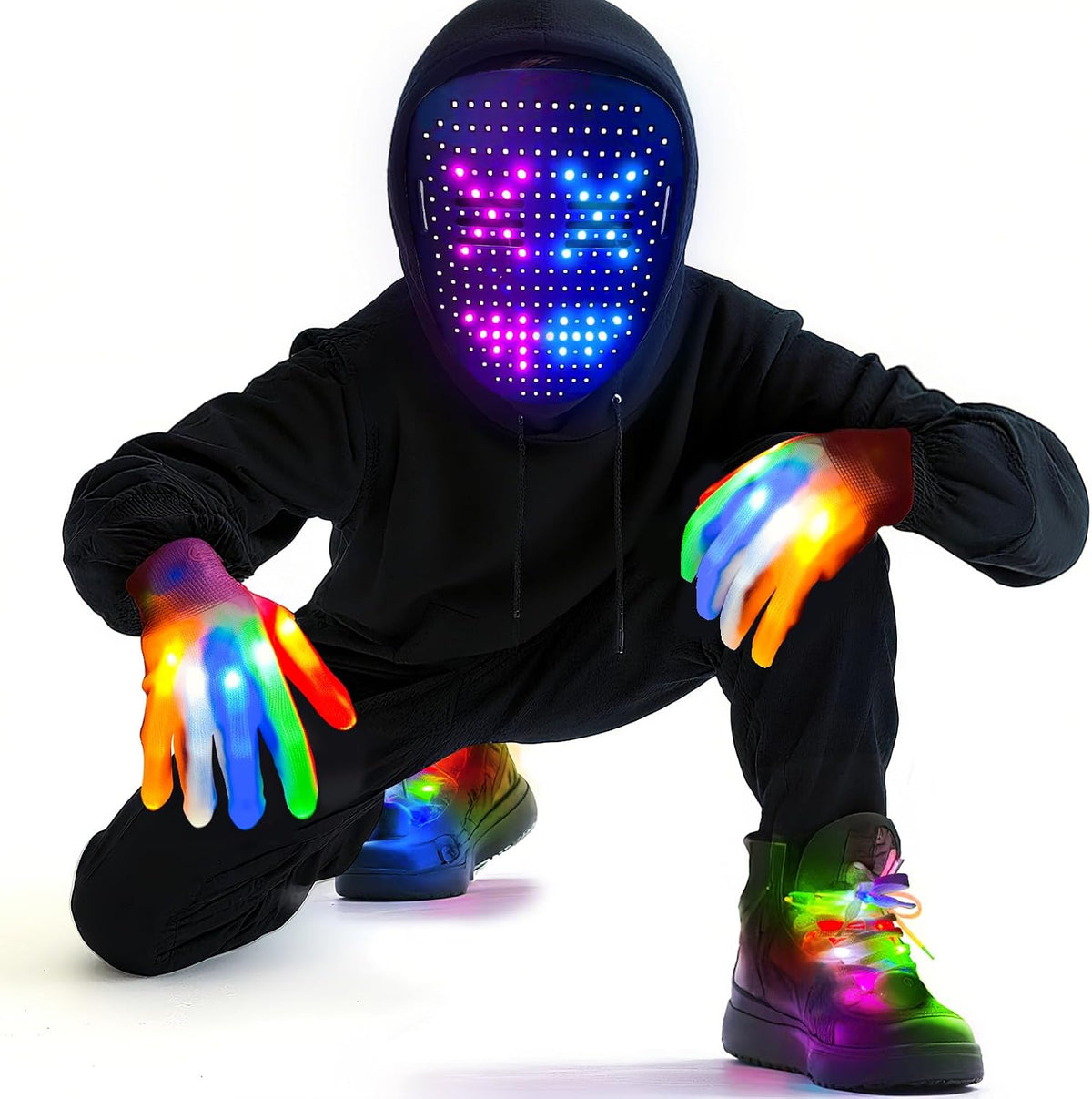 Juego de 3 guantes y cordones de esqueleto con máscara LED con dete...