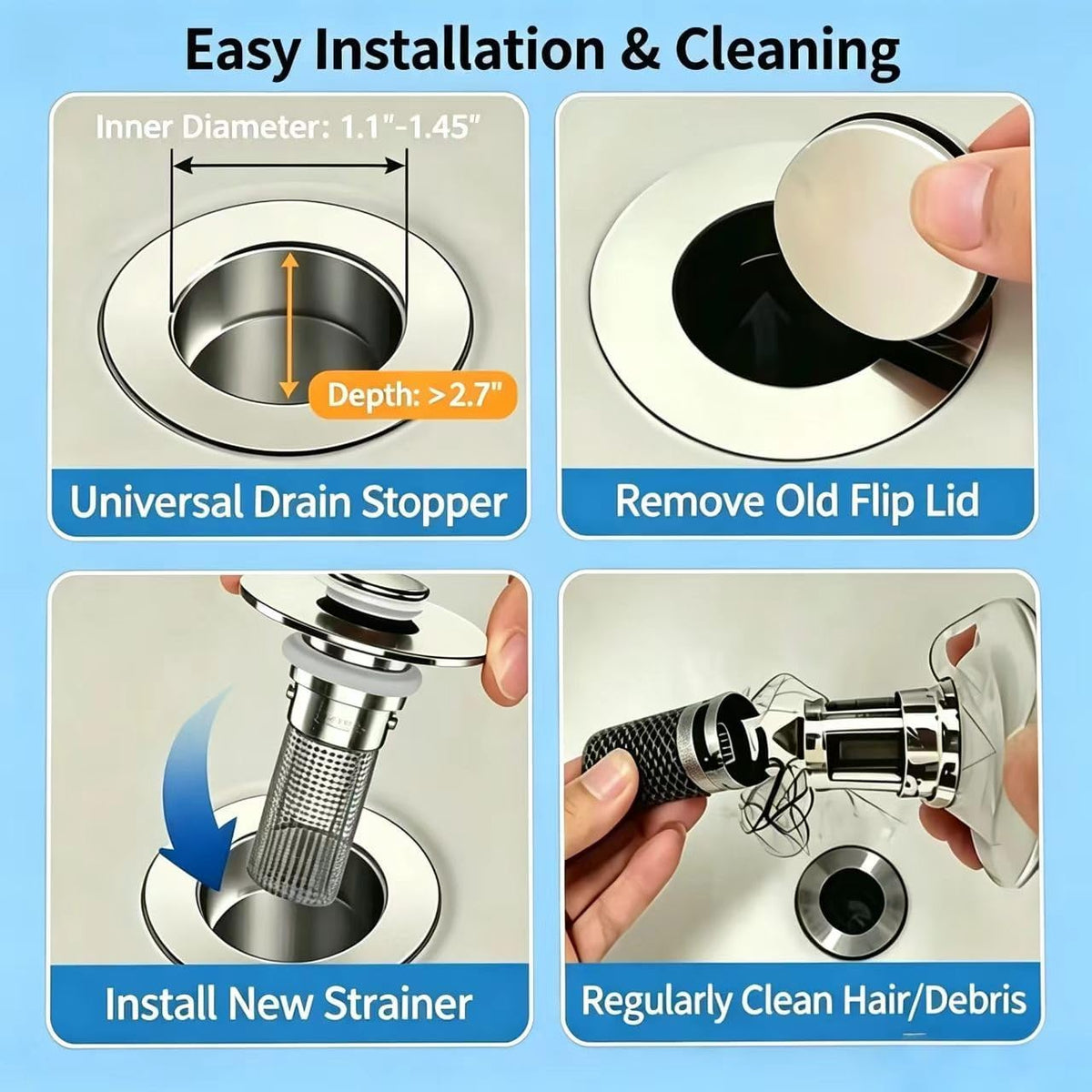 Paquete de 2 tapones universales de drenaje para fregadero de baño,...