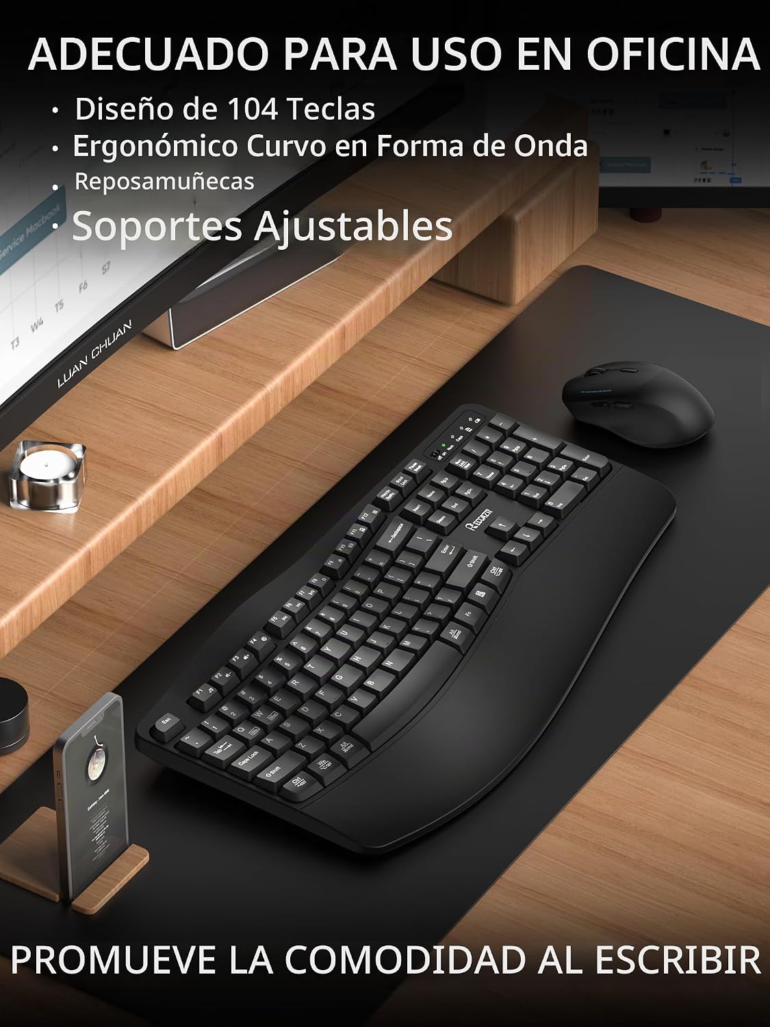 Combo de teclado y mouse inalámbricos, teclas onduladas de tamaño c...
