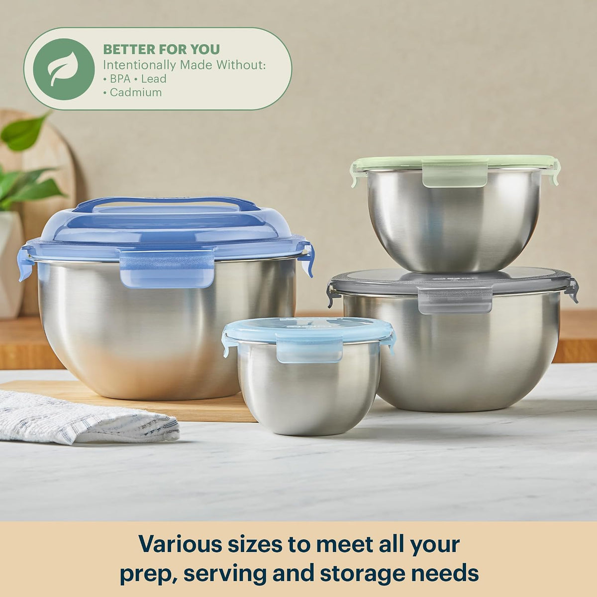 Pyrex Paquete de 4 cuencos de metal de acero inoxidable con tapas |...