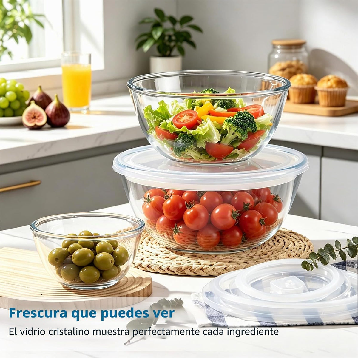 E-far Juego de 3 cuencos de vidrio transparente para mezclar con ta...