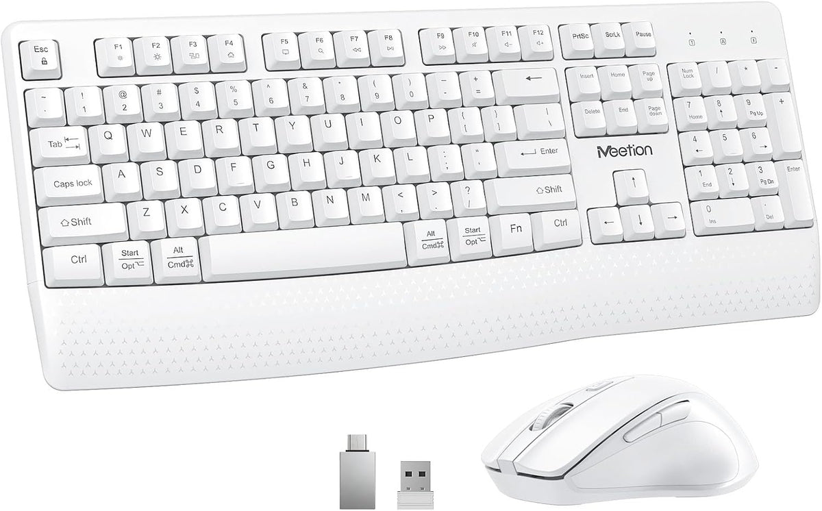 MEETION Teclado y ratón inalámbricos blancos, receptor USB 2.4G plu...