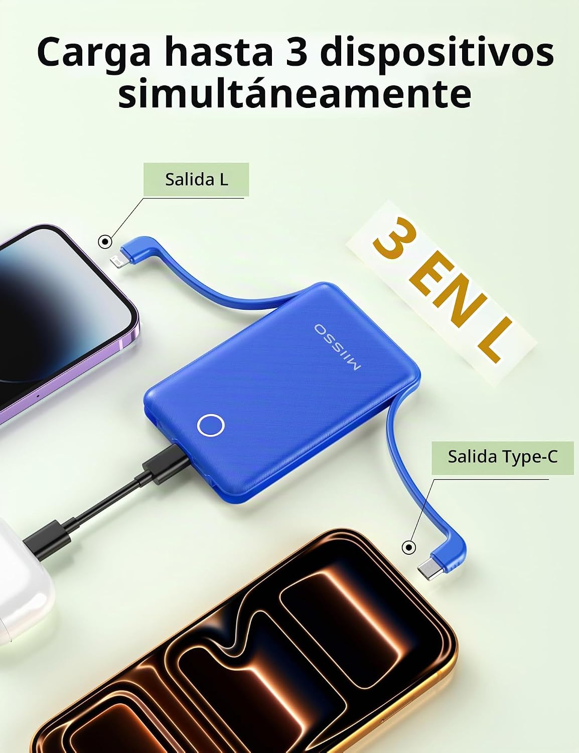 miisso 10000mAh Mini cargador portátil con cable integrado, azul os...