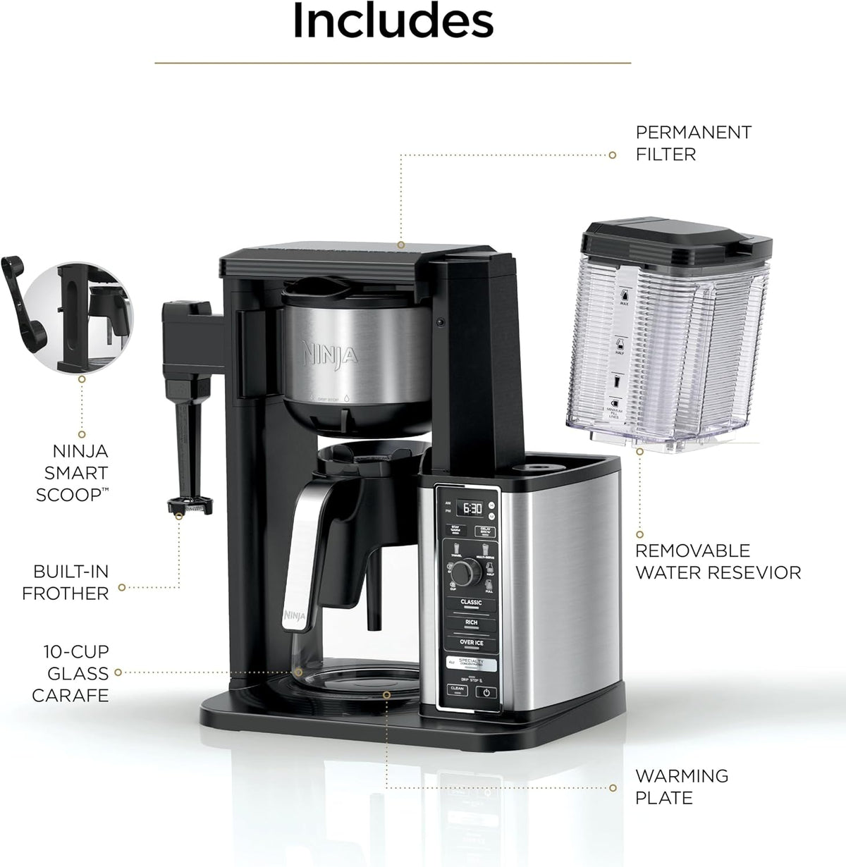 Cafetera Ninja, jarra de 10 tazas, espumador plegable, negro, CM401...
