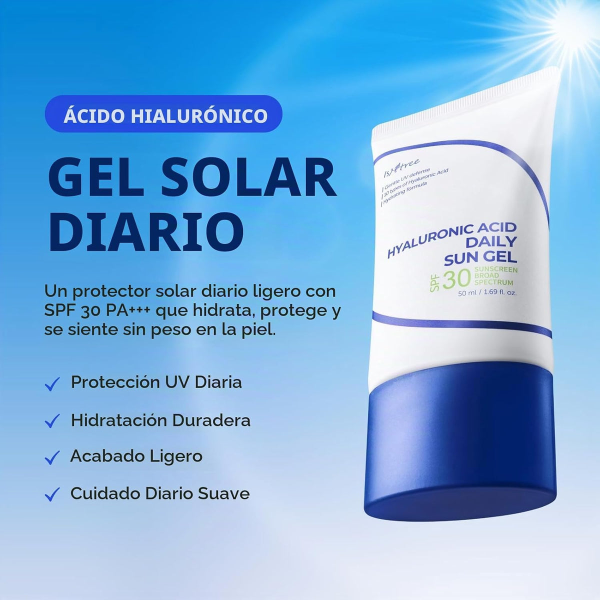 ISNTREE - Gel solar diario de ácido hialurónico SPF 30, protector s...