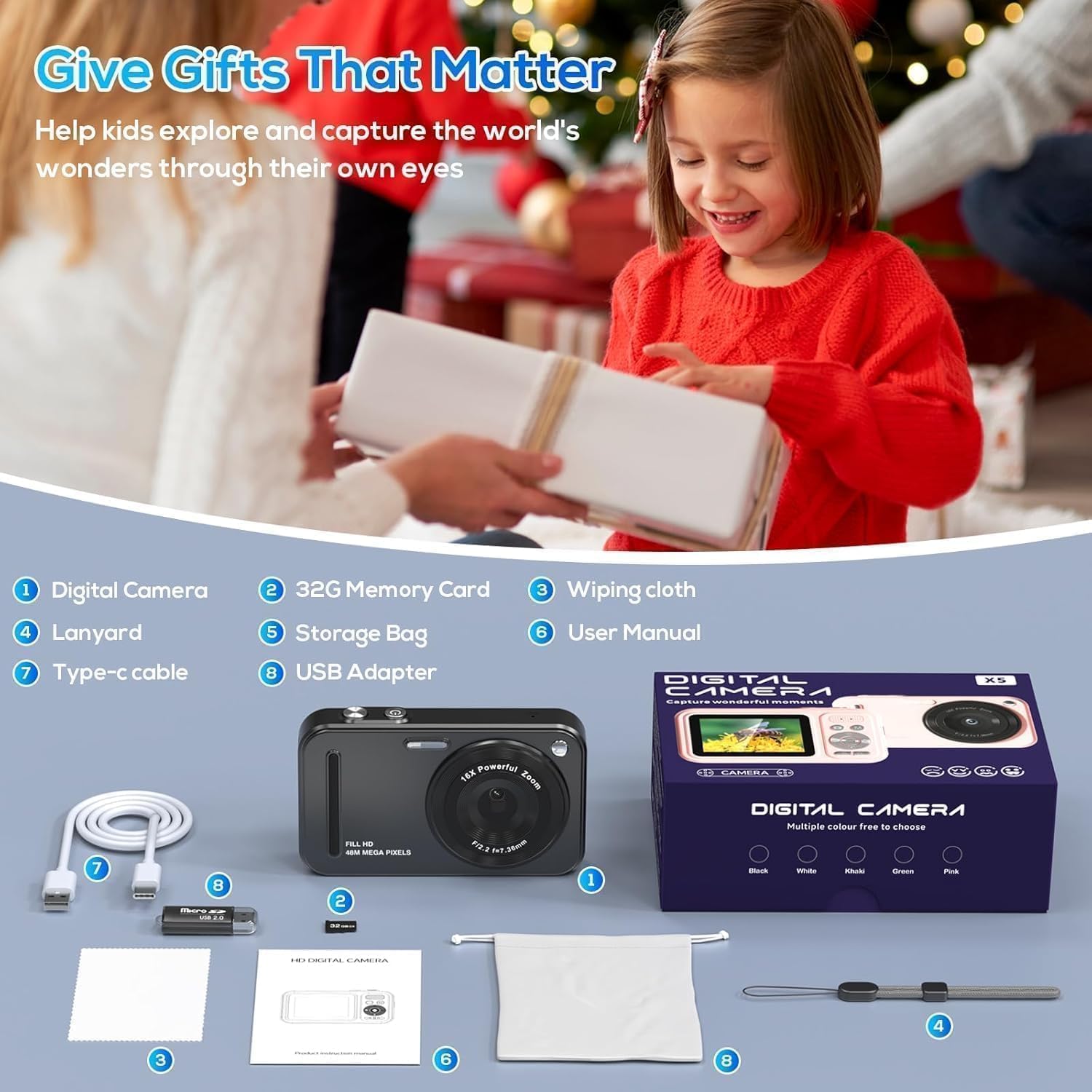 Cámara digital para niños, 48MP FHD 1080P