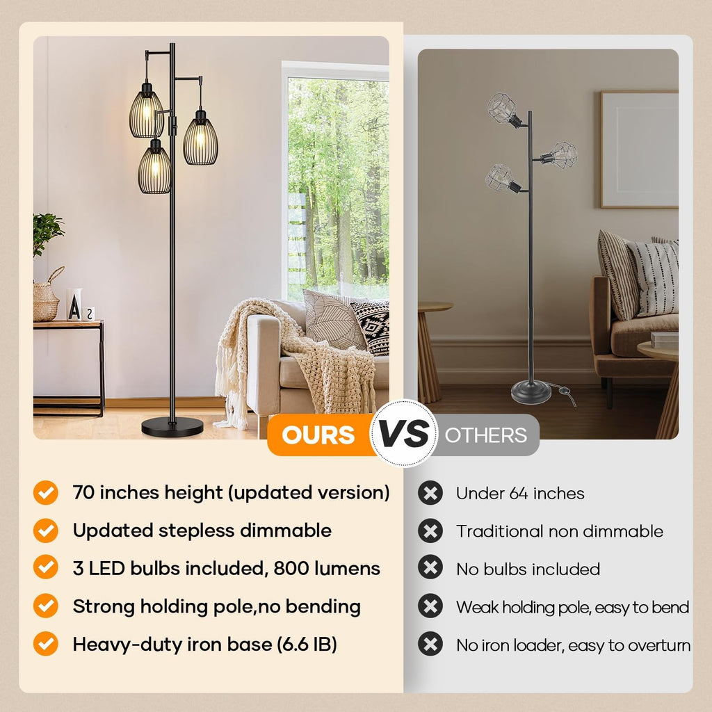Lámpara de pie regulable, 3 bombillas LED Edison de 800LM incluidas...