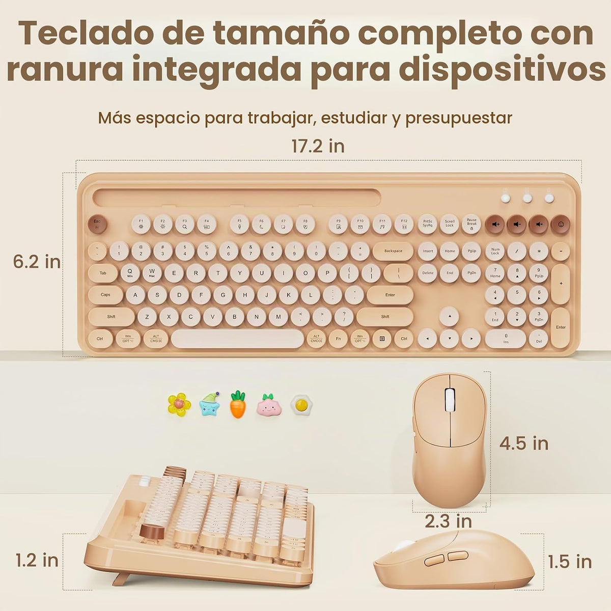 Combo de teclado y mouse inalámbricos, teclas redondas retro, tecla...