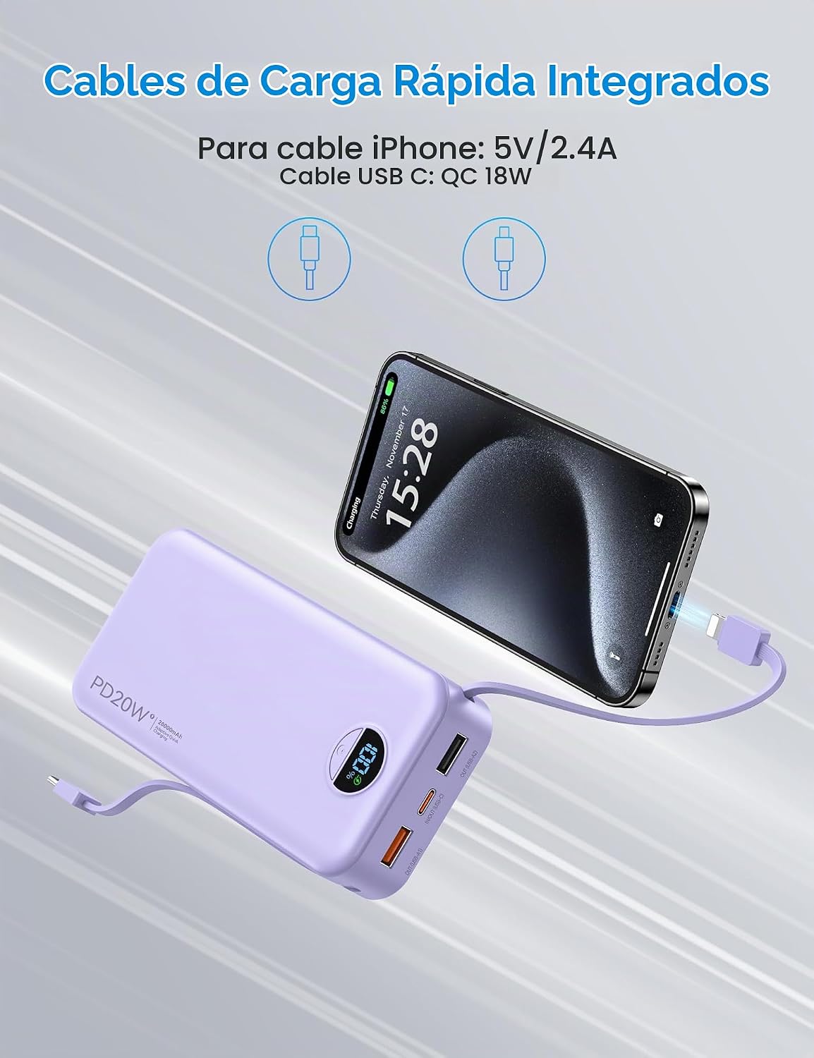 Cargador portátil Ffnpua 20000mAh PD20W con cables incorporados | C...