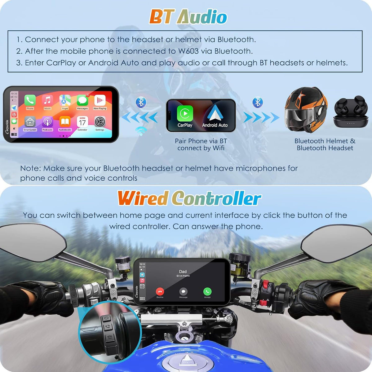 Carpuride W603 6.3" motocicleta inalámbrica CarPlay y Android A...