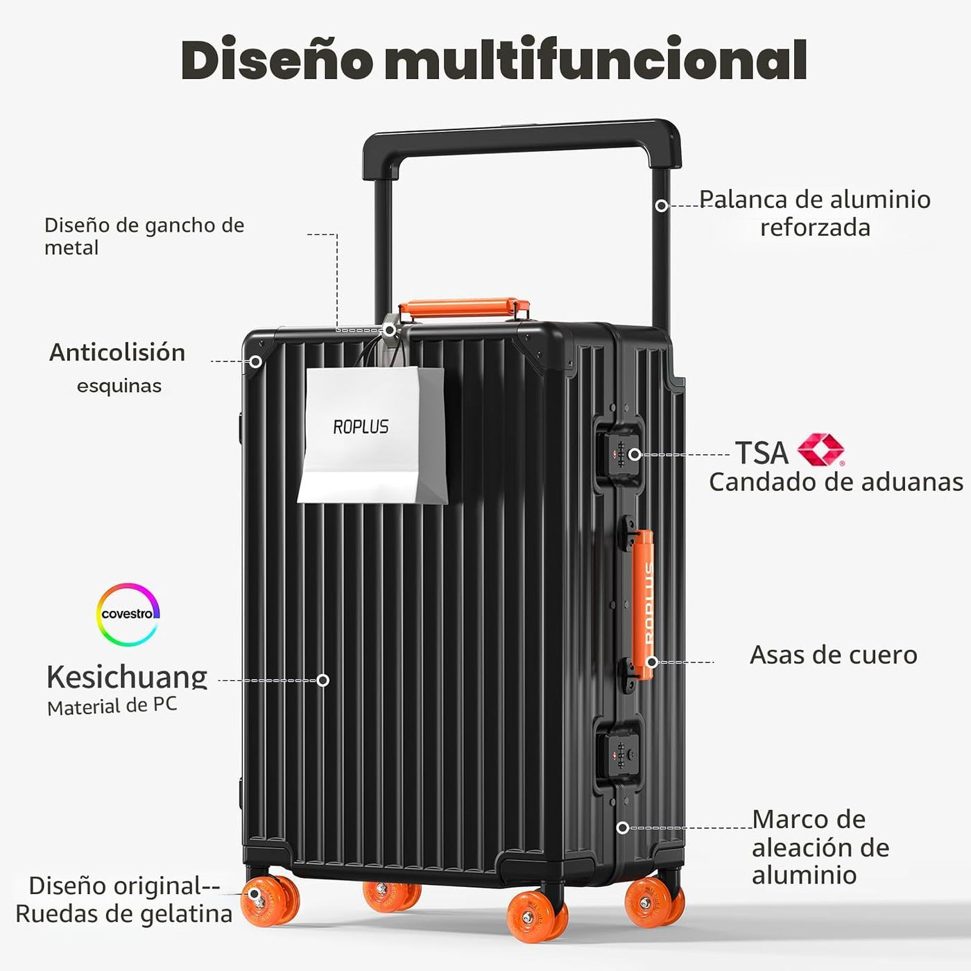 ROPLUS Equipaje rígido con marco de aluminio de policarbonato, negr...