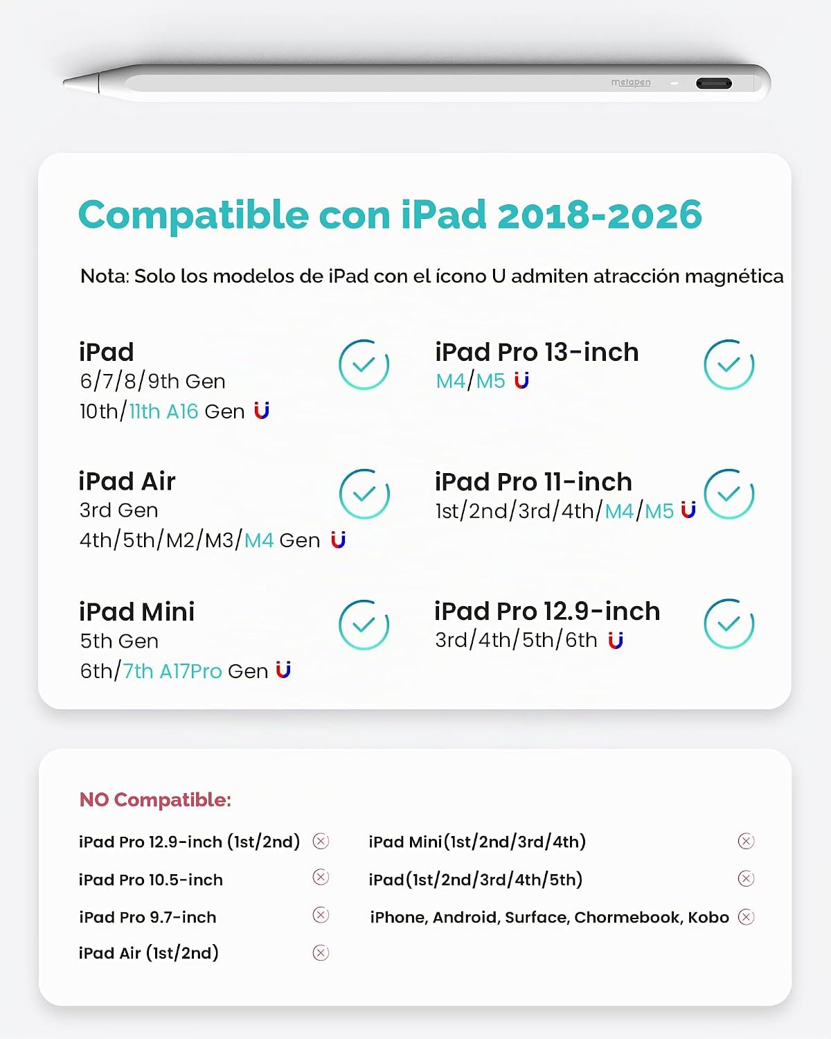 Metapen Lápiz A8 V4 para iPad 2018-2026, atracción magnética mejora...