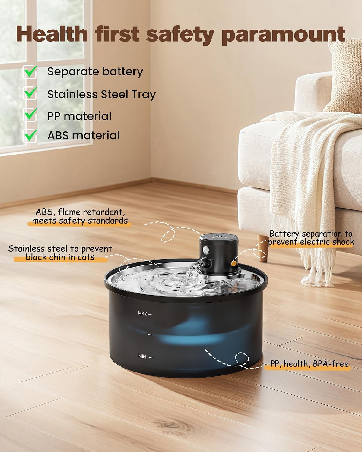 Fuente de Agua para Gatos Inalámbrica Sin Cable: 3.2L\/108oz Operad...