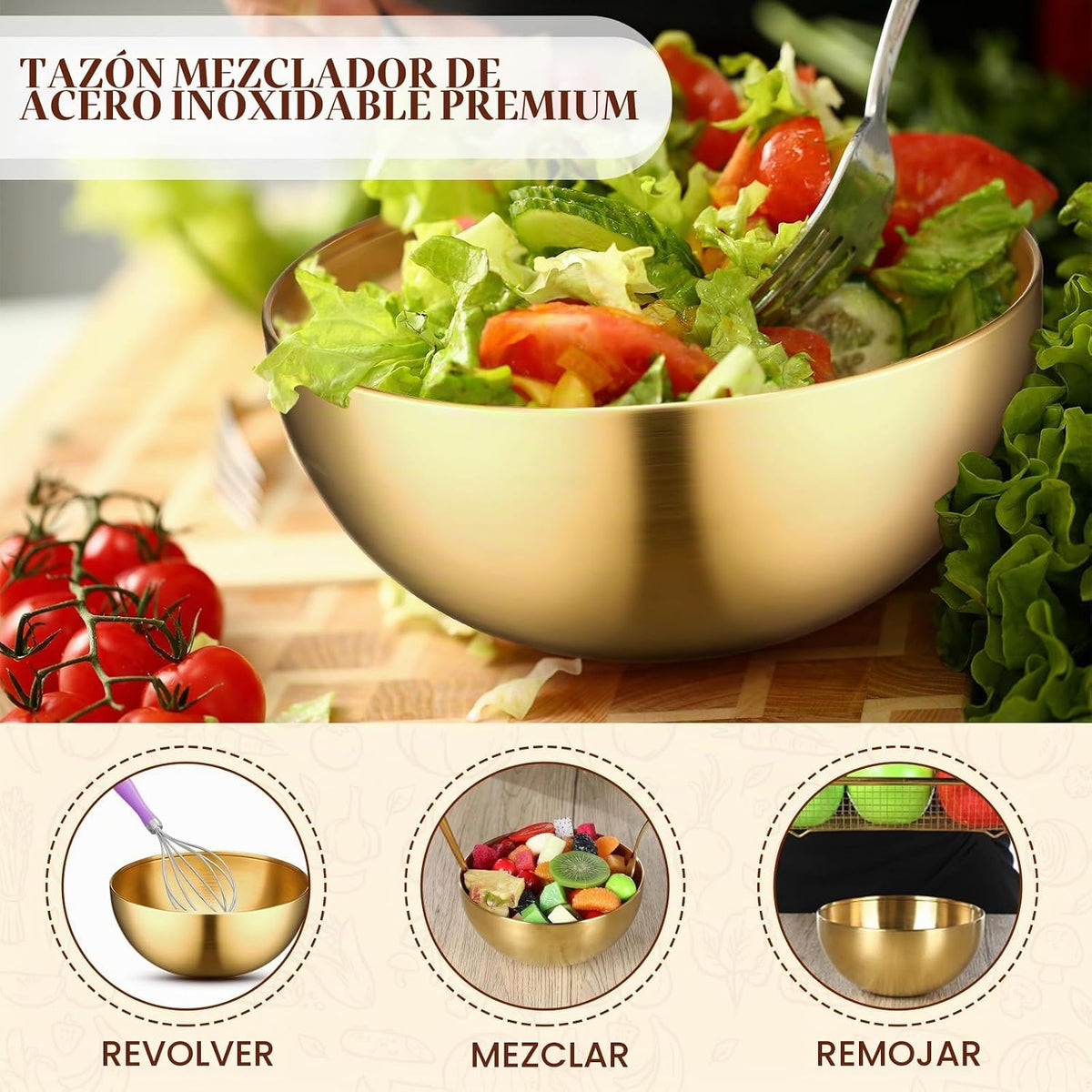 Nuogo 6 cuencos dorados para mezclar de acero inoxidable, cuencos d...