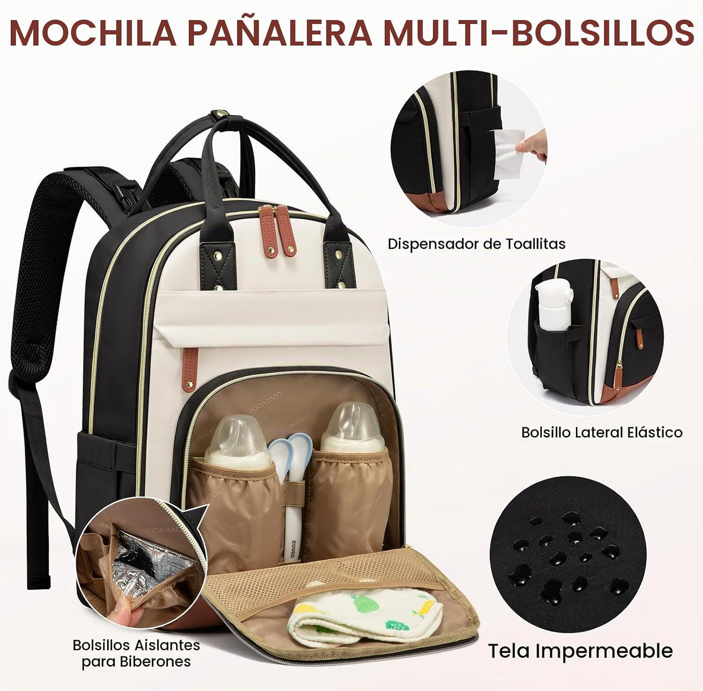 LOVEVOOK mochila para pañales de gran capacidad, Beige Marrón Negro...