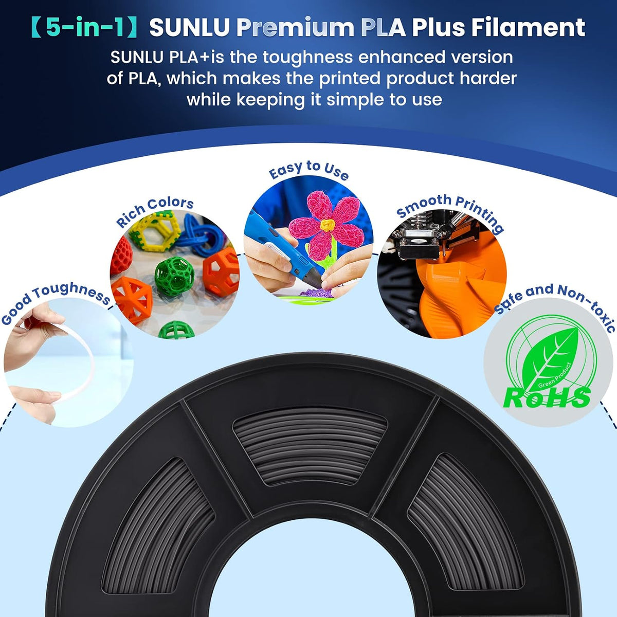 SUNLU Filamento PLA Plus para impresora 3D de 0.07 in, 4.4 lbs, gri...