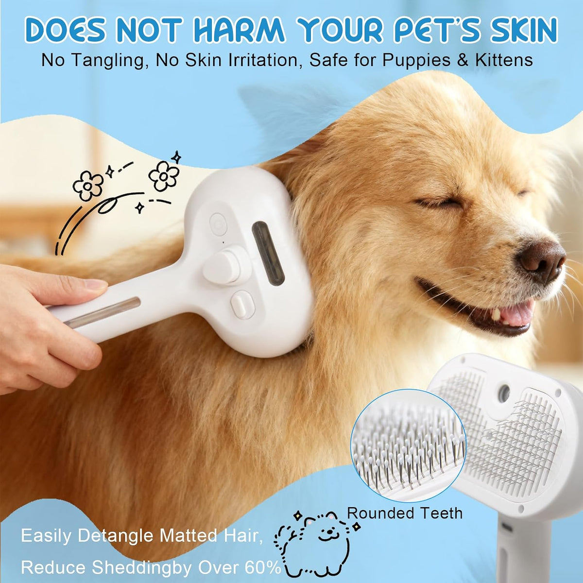 Cepillo de vapor para mascotas para gatos y perros, peine autolimpi...