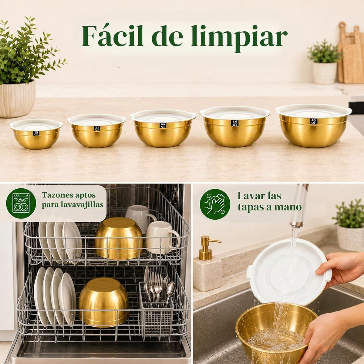 Juego de 5 cuencos de acero inoxidable dorados con tapas blancas, j...