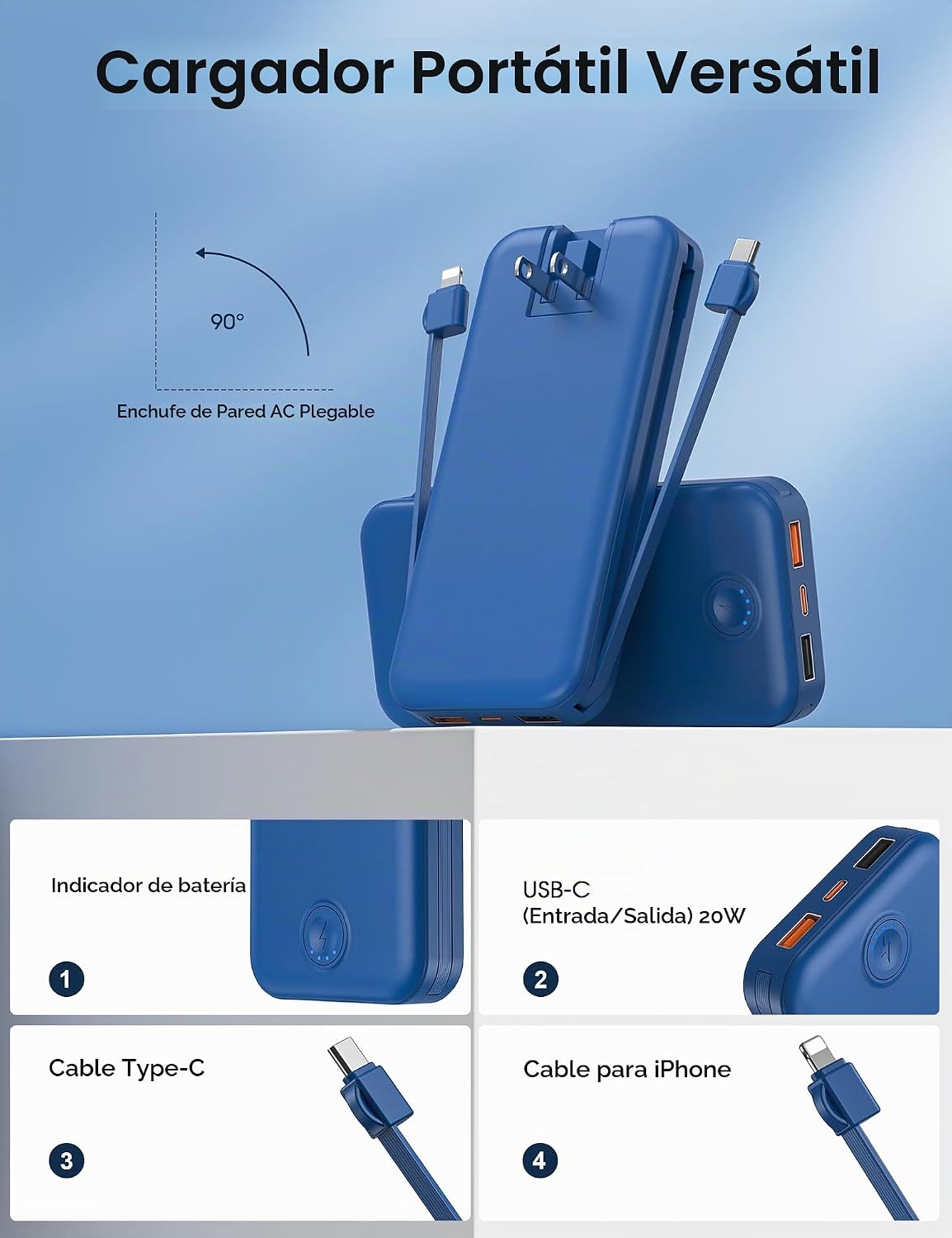 Nusyddy Cargador portátil 10000mAh de carga rápida w\/incorporado e...