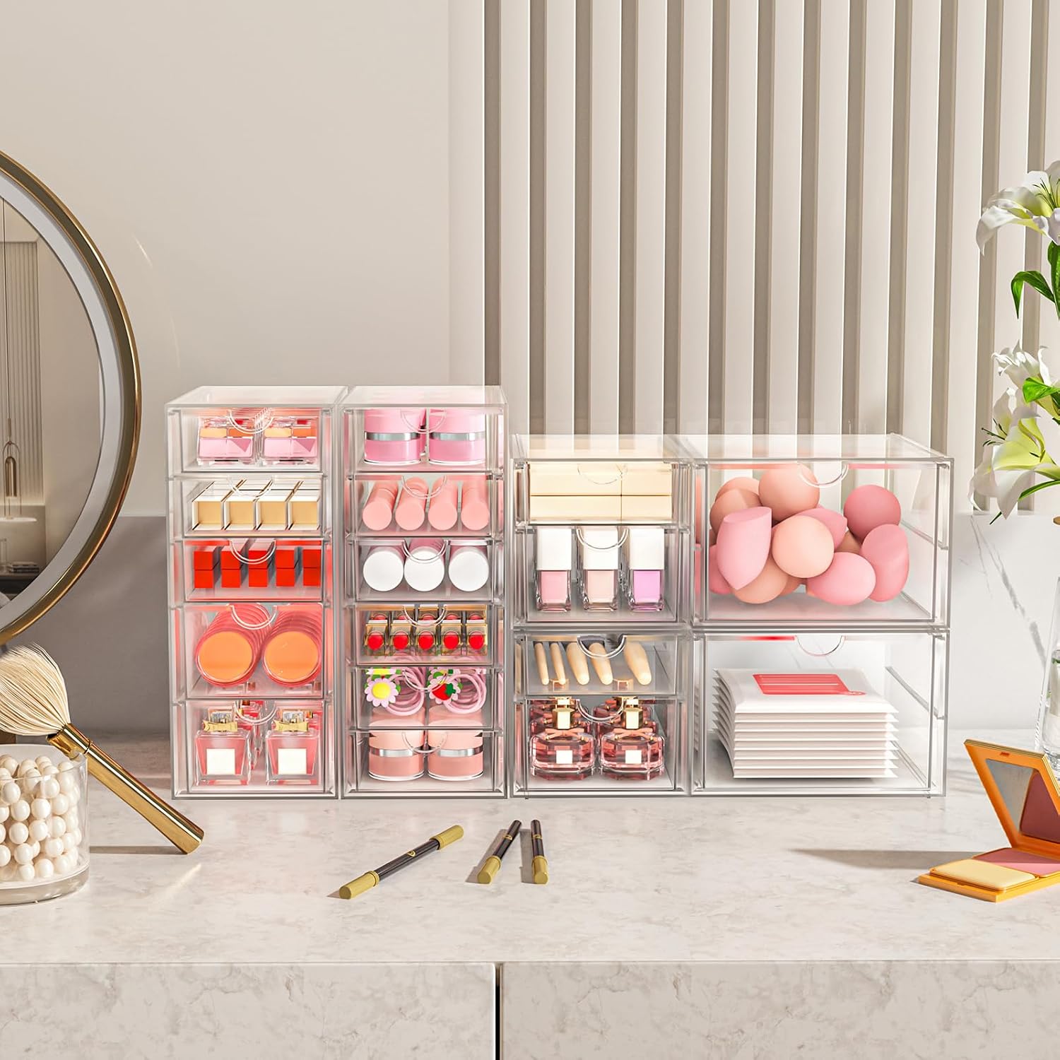 ARSTPEOE Organizador de maquillaje acrílico con 17 cajones (4 juego...