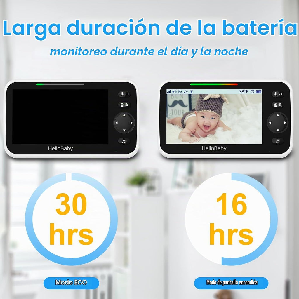 HelloBaby Monitor de bebé sin WiFi, pantalla de 5 pulgadas, batería...