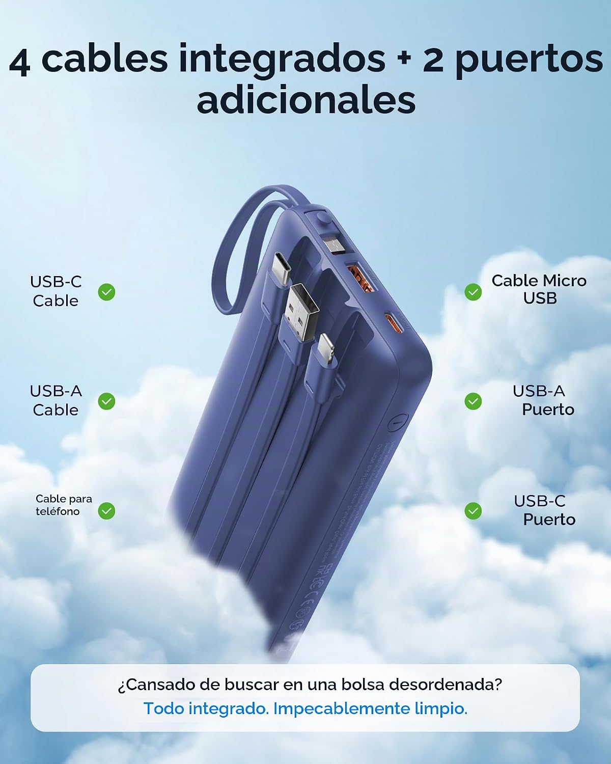 VRURC Cargador portátil 4 cables integrados 20000mAh Banco de energ...