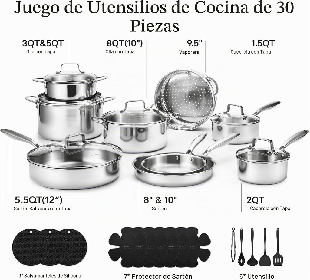 CAROTE Juego de 30 utensilios de cocina de acero inoxidable de tres...