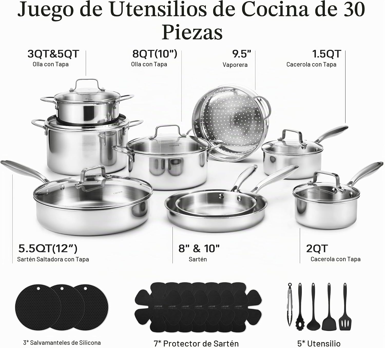 CAROTE Juego de 30 utensilios de cocina de acero inoxidable de tres...