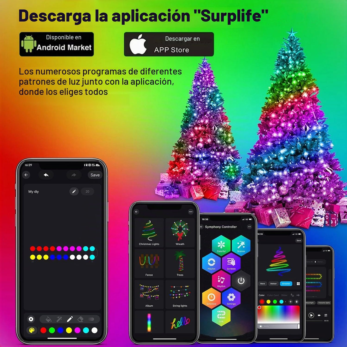 Luces LED inteligentes de cadena para árbol de Navidad con aplicaci...