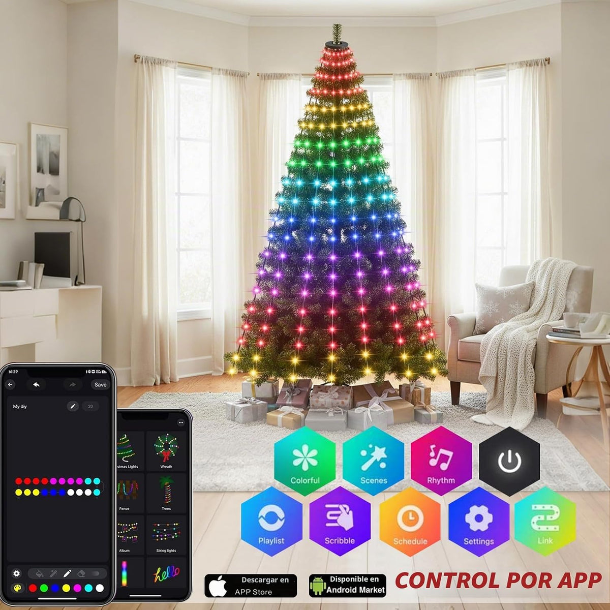 Luces inteligentes para árbol de Navidad, tira de luces navideñas d...