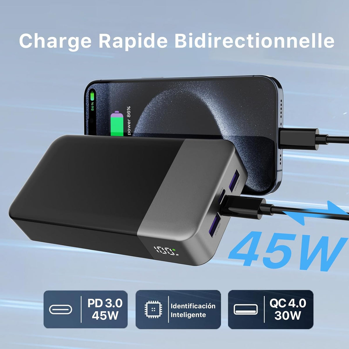 NOBIS Cargador portátil, banco de energía de 45 W 20000 mAh y banco...