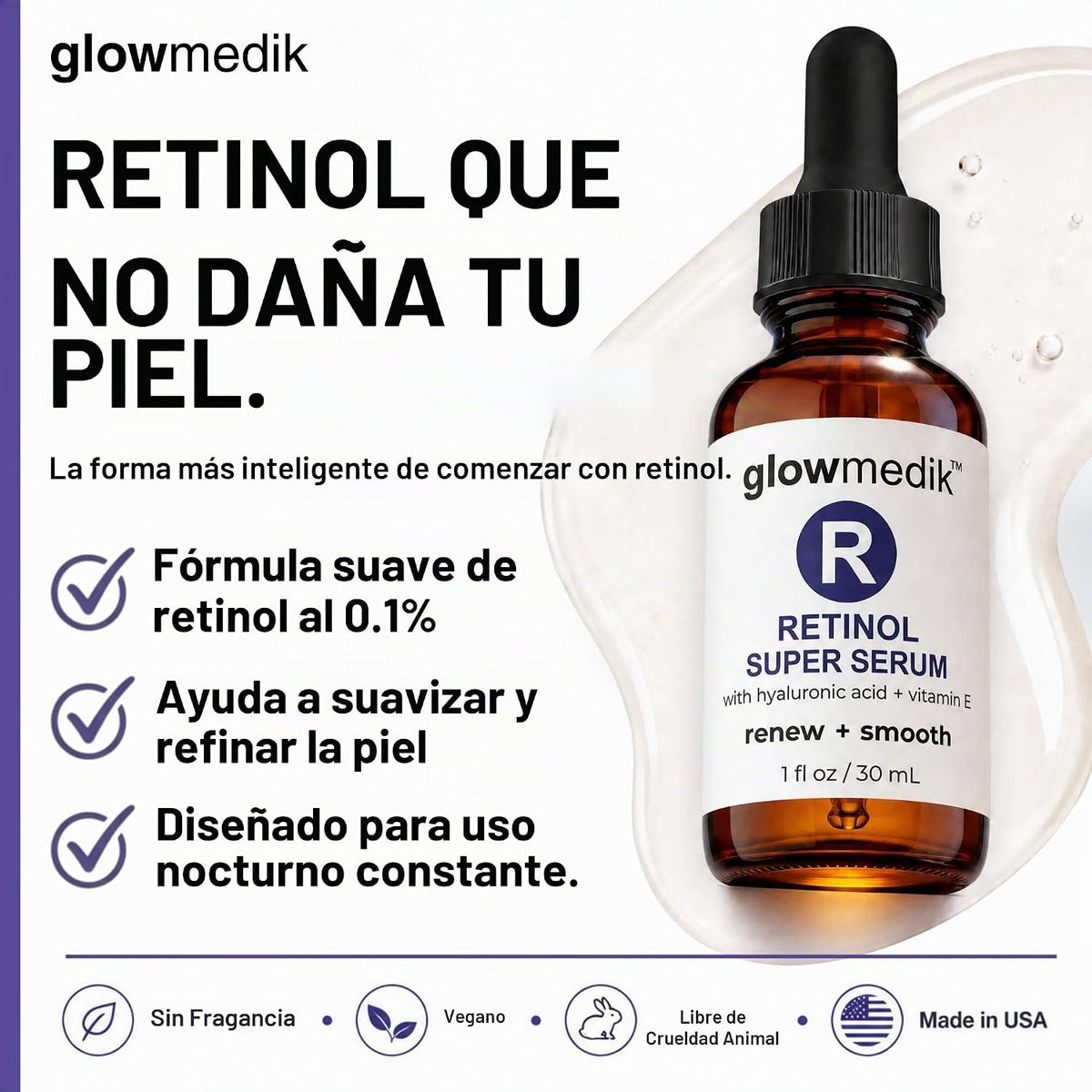 Glowmedik Suero potenciador de retinol para cara con ácido hialurón...