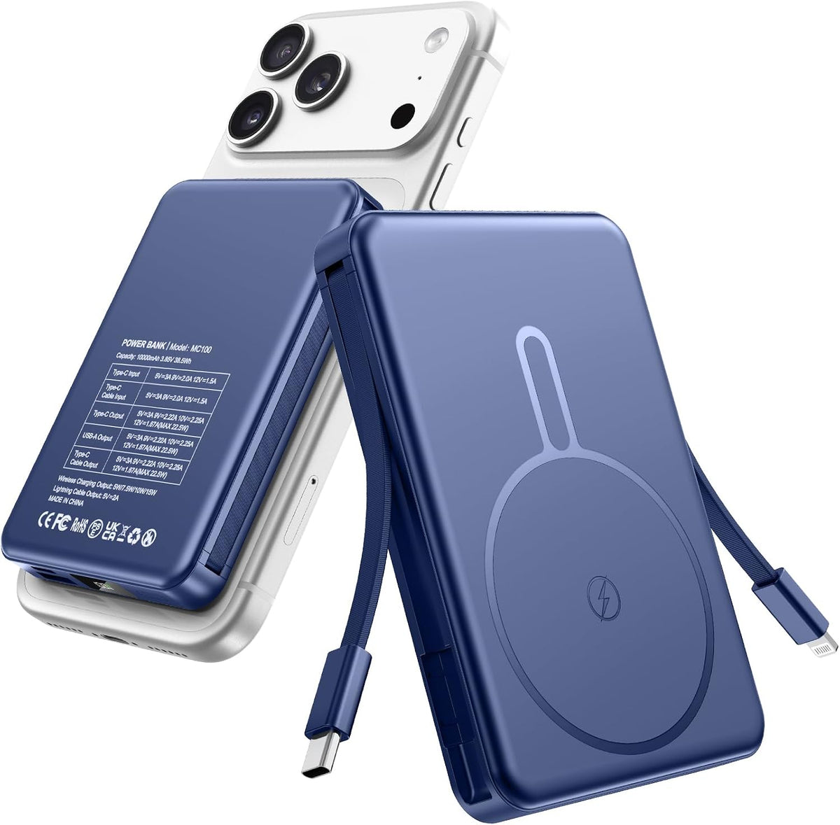 RONEGN Batería magnética delgada de 10,000 mAh con cable incorporad...