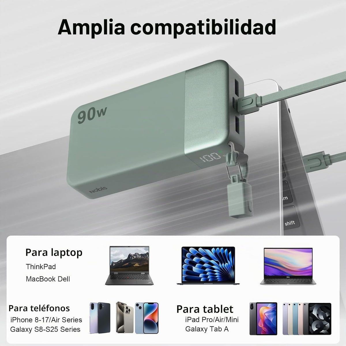 NOBIS Cargador portátil de 90 W, batería externa de 20000 mAh con c...