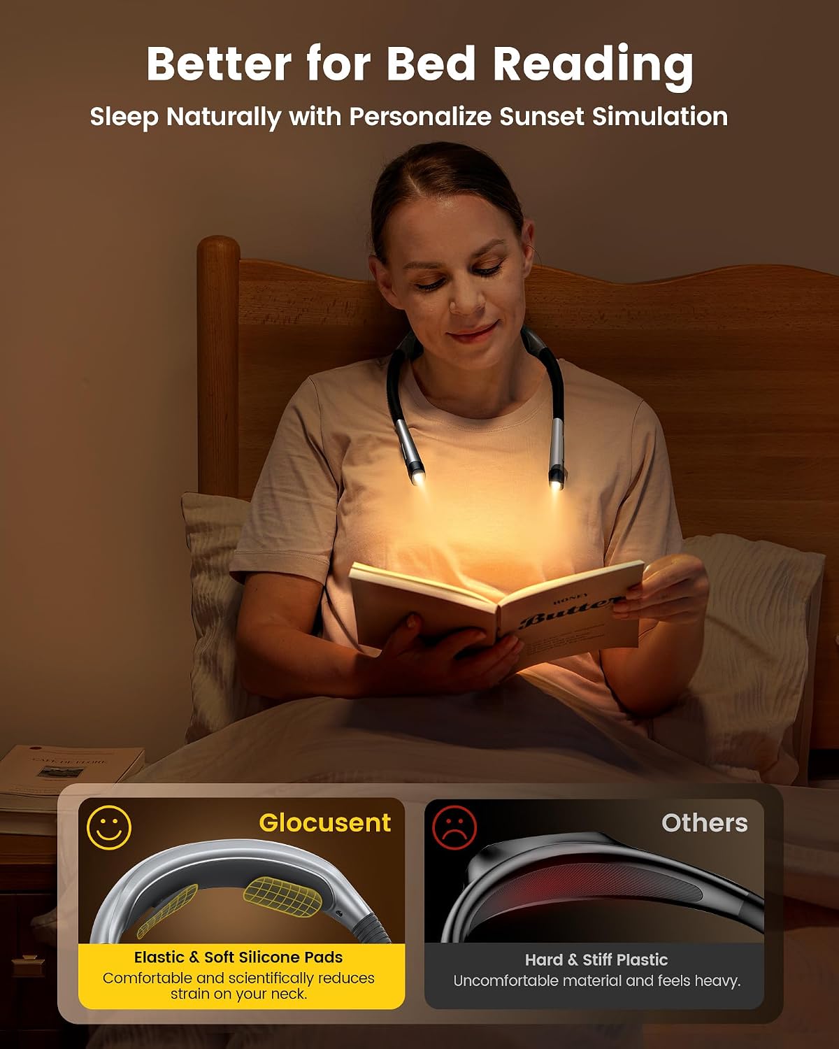 Glocusent Luz de libro y luz de lectura ergonómica para el cuello p...