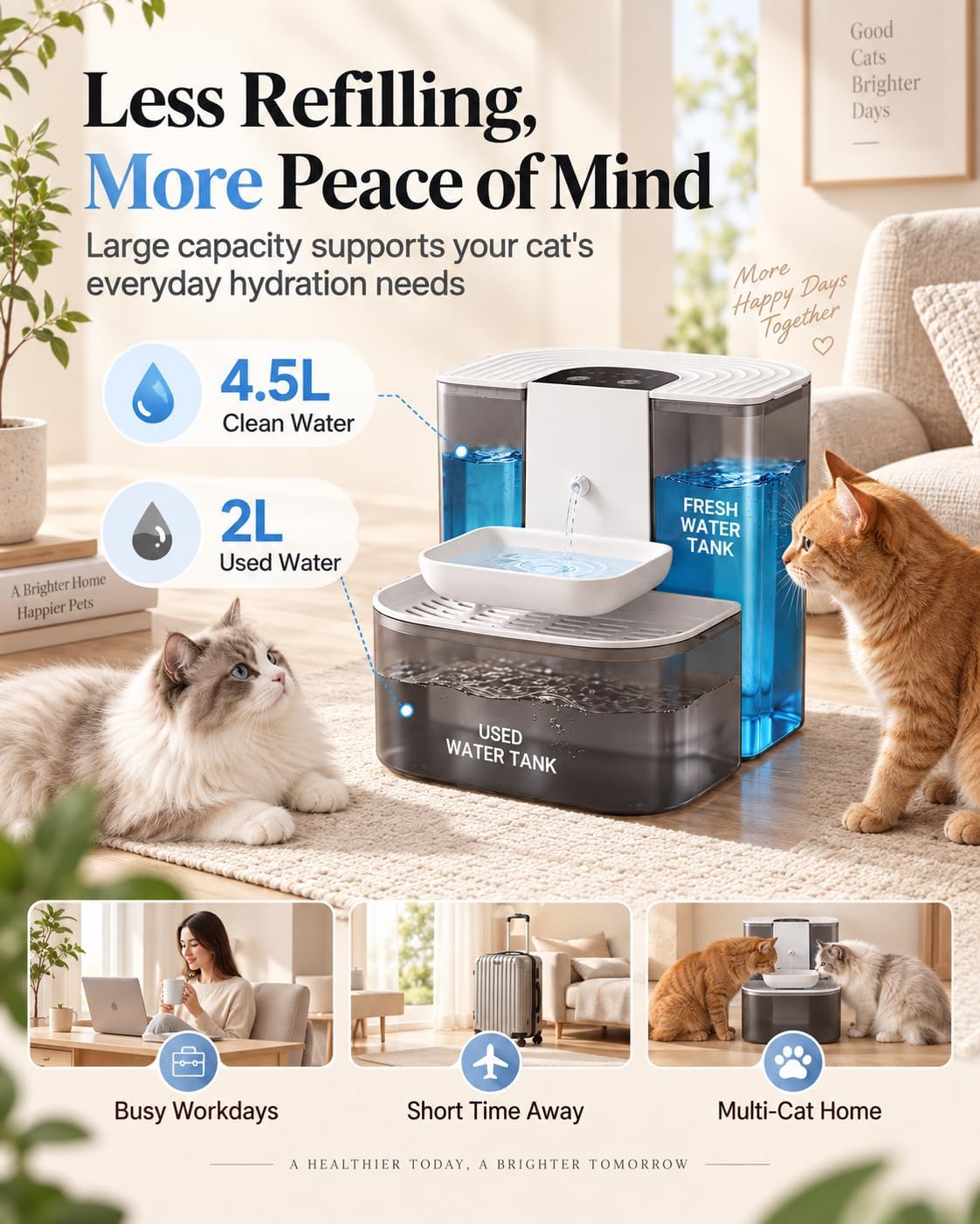 Fuente de agua para gatos, separación de agua fresca y usada, no ne...