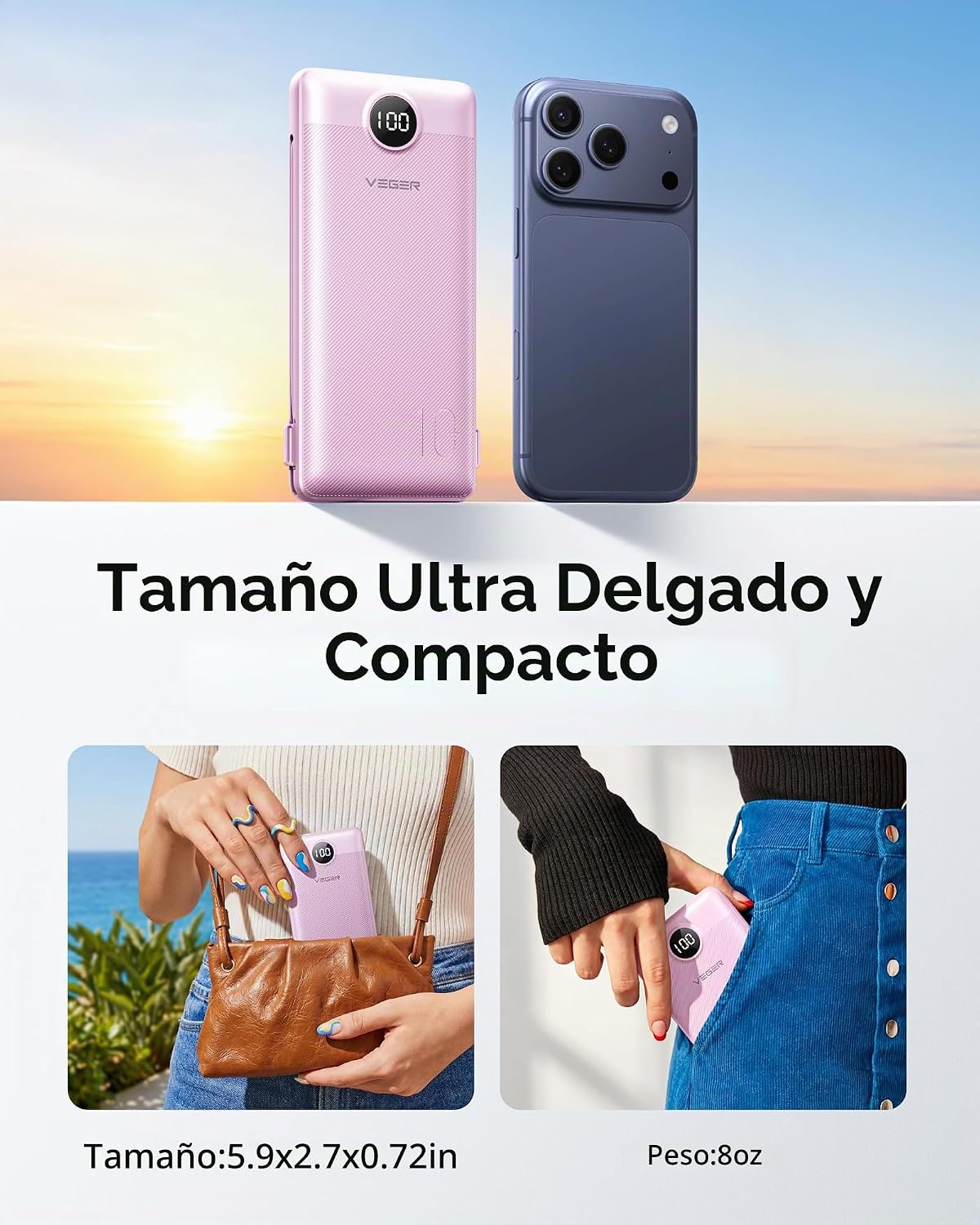 VEGER Cargador portátil para iPhone, Power Bank con cables integrad...