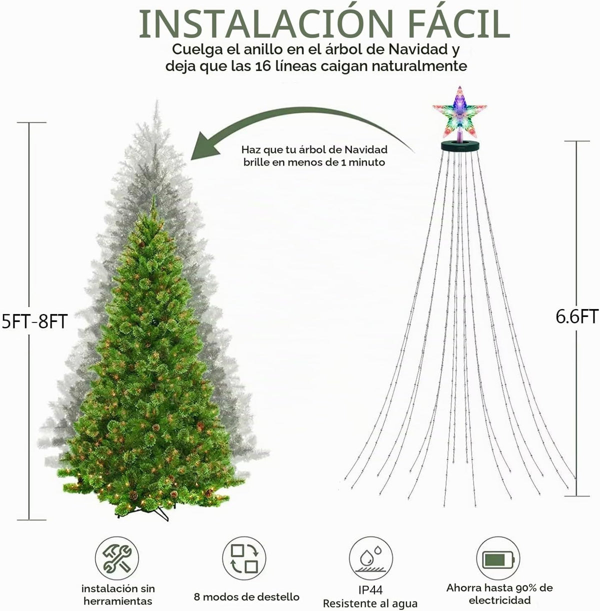 410 luces LED para árbol de Navidad con estrella superior, tira de...