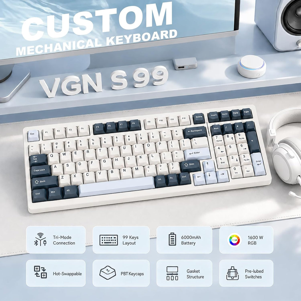 VGN Teclado mecánico inalámbrico para juegos S99, teclas de tres mo...