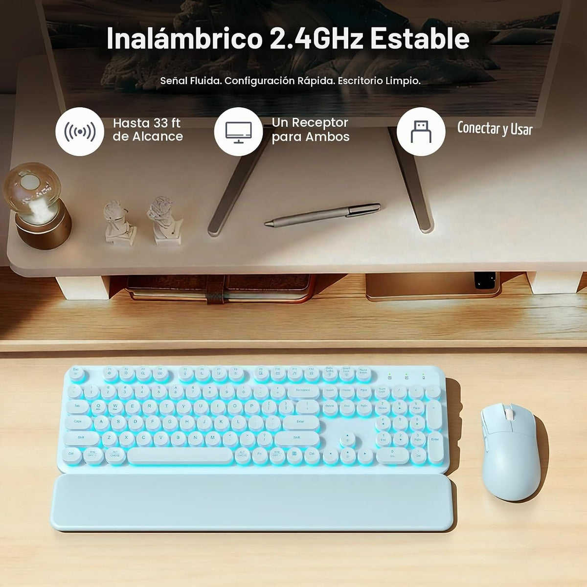 Combo de teclado y mouse inalámbricos, teclas redondas retroilumina...